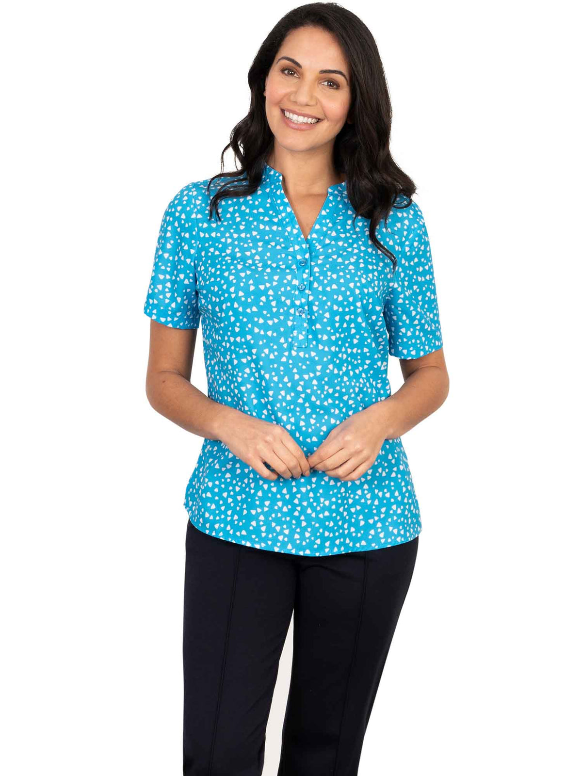 BELLA BLUE 3 BUTTON NECK SHORT SLEEVE