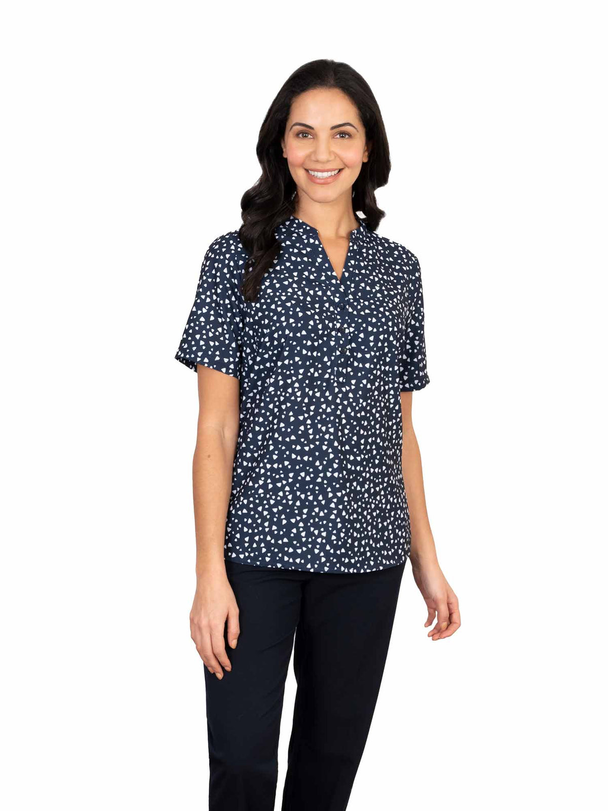 BELLA NAVY 3 BUTTON NECK SHORT SLEEVE