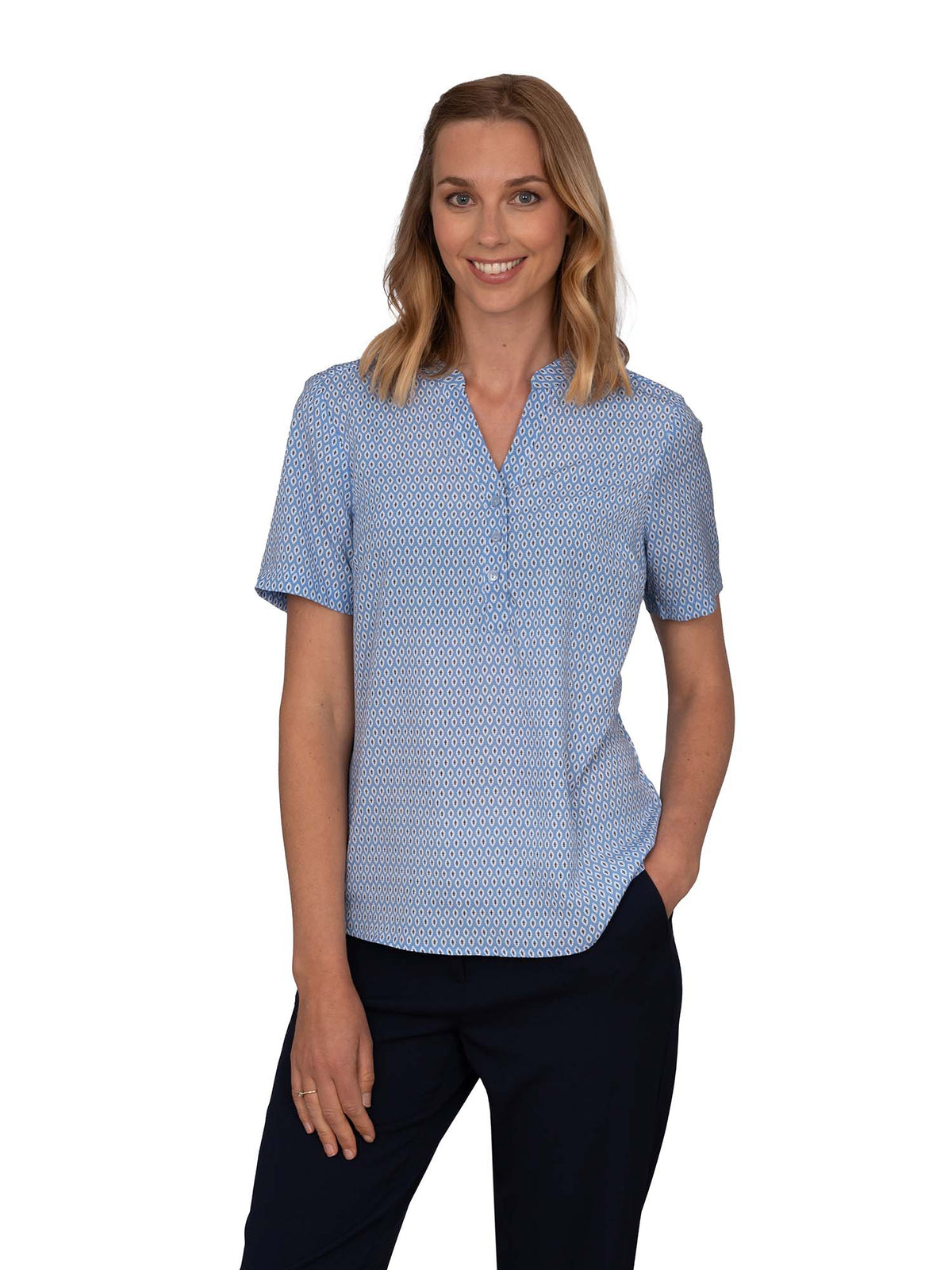 BETH SKY 3 BUTTON NECK SHORT SLEEVE