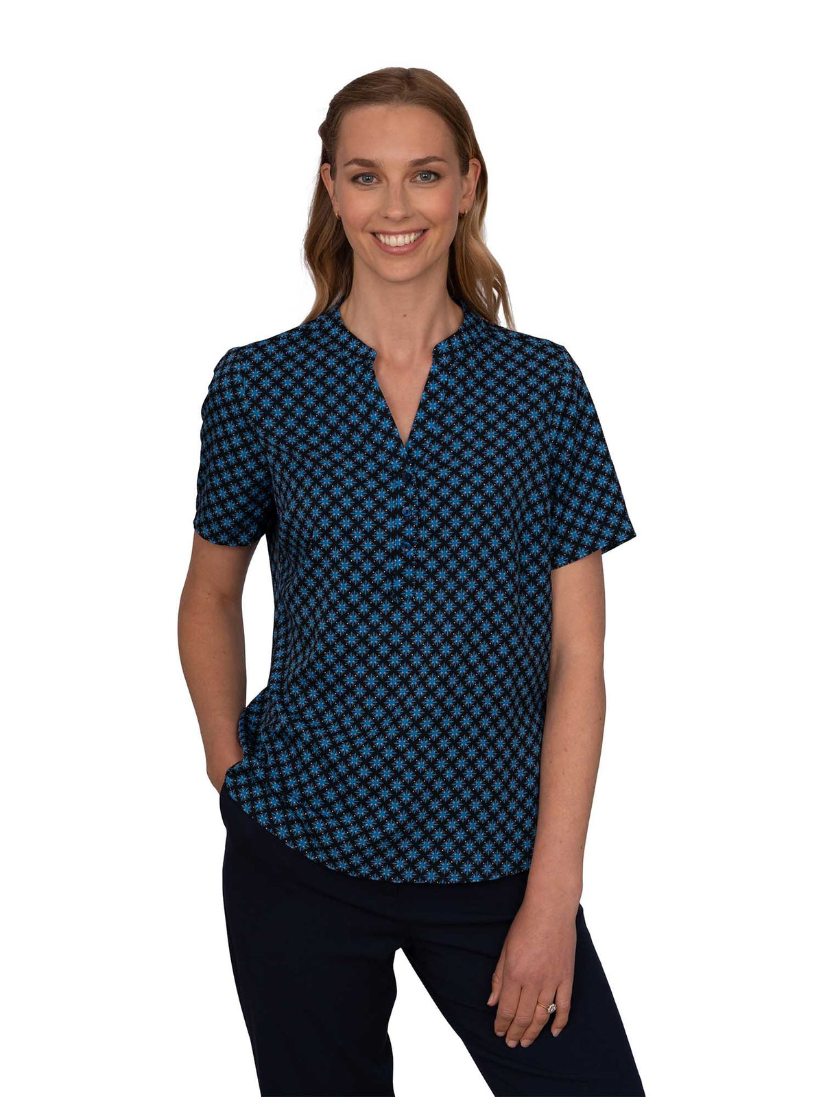BONNIE NAVY 3 BUTTON NECK SHORT SLEEVE
