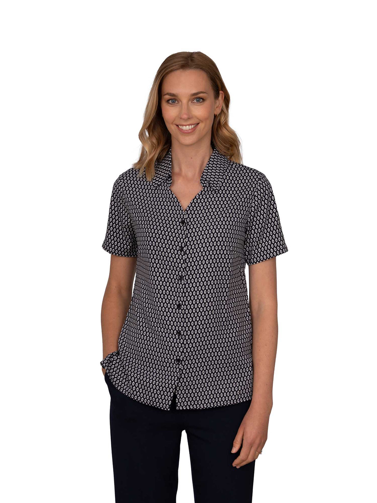 EMMA NAVY BUTTON DOWN SHORT SLEEVE