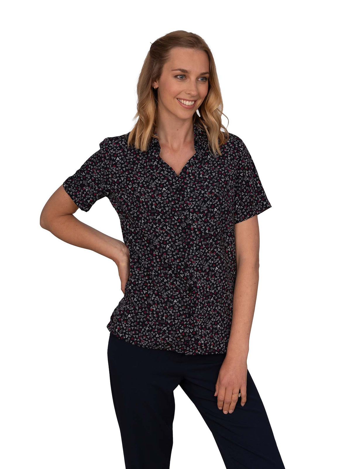 JENNI RED  BUTTON DOWN SHORT SLEEVE