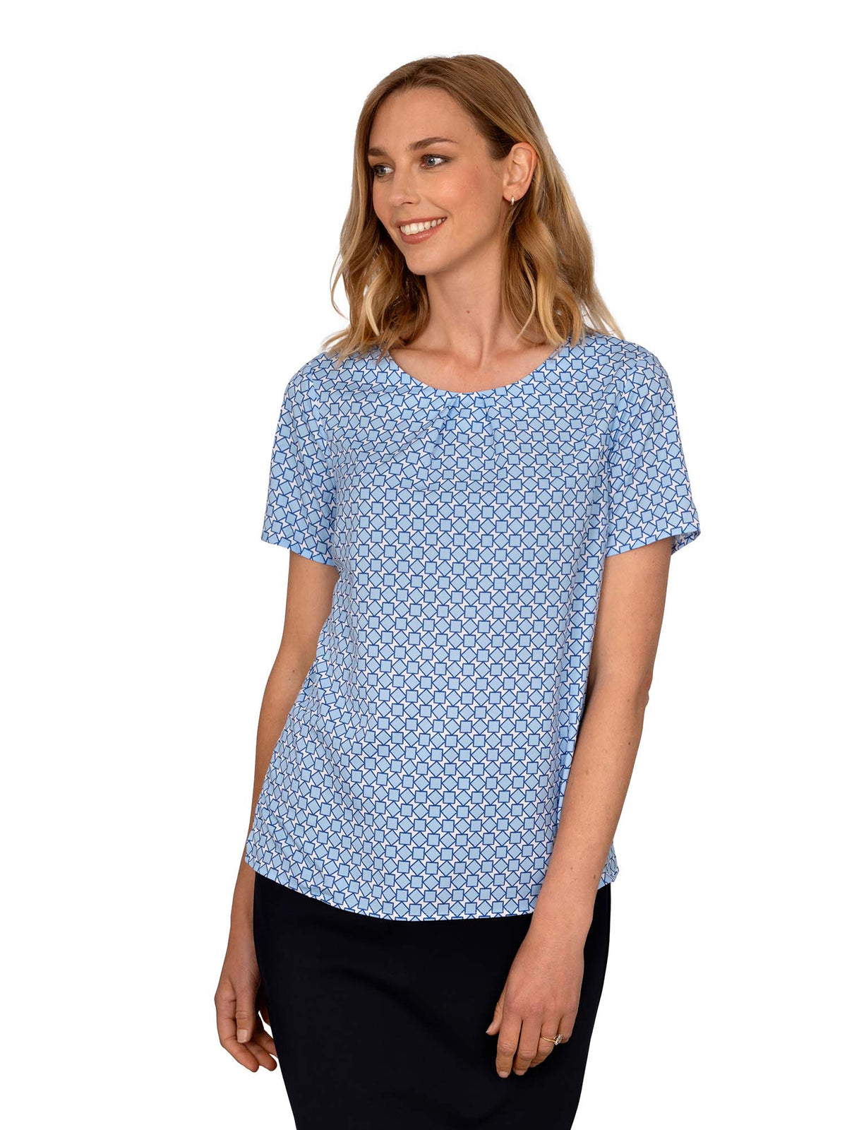 MOLLY SKY BLUE GEO PRINT TUCK NECK
