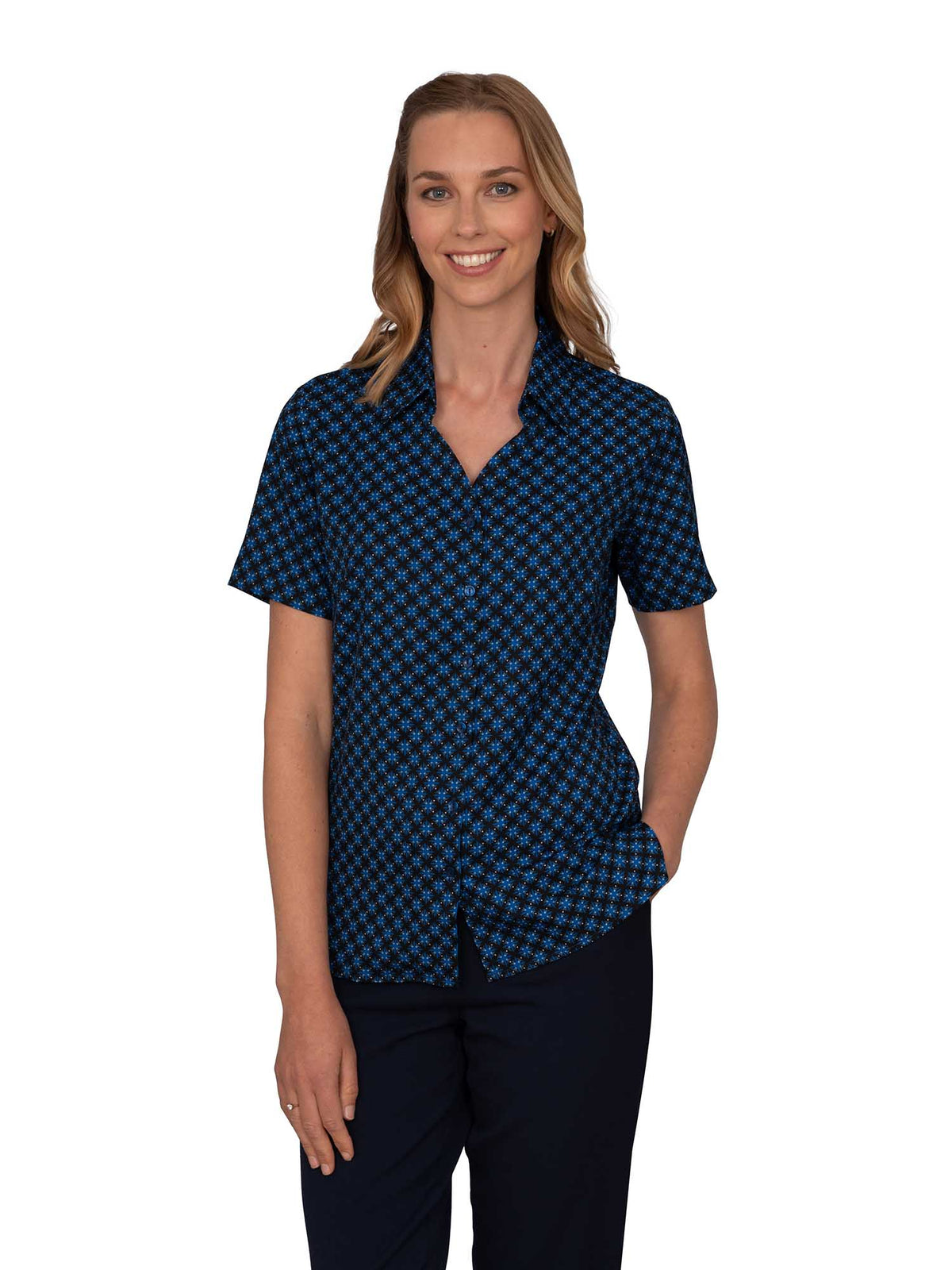 SARAH NAVY BUTTON DOWN SHORT SLEEVE