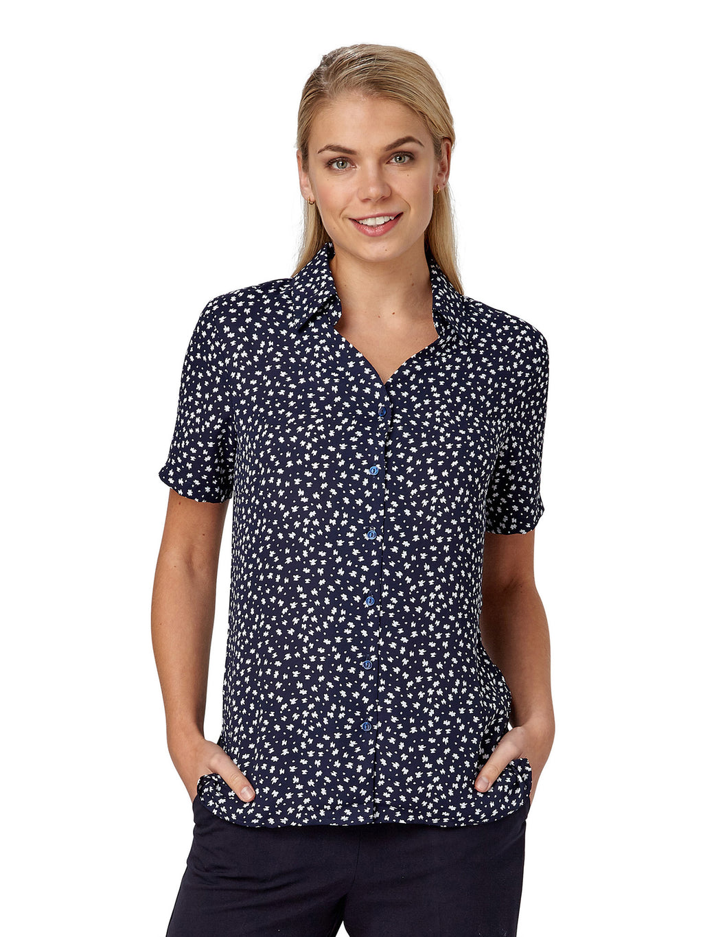 Heidi - navy blue printed soft touch crepe blouse | Ladies Uniform Top ...