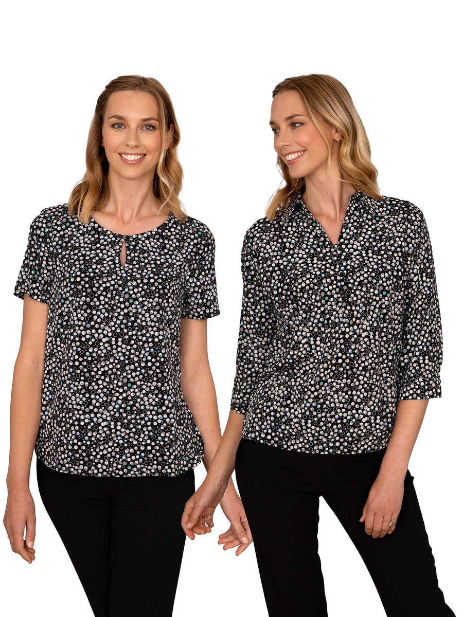 Imogen - black & white bubbles print shell top | Ladies Uniform Tops ...