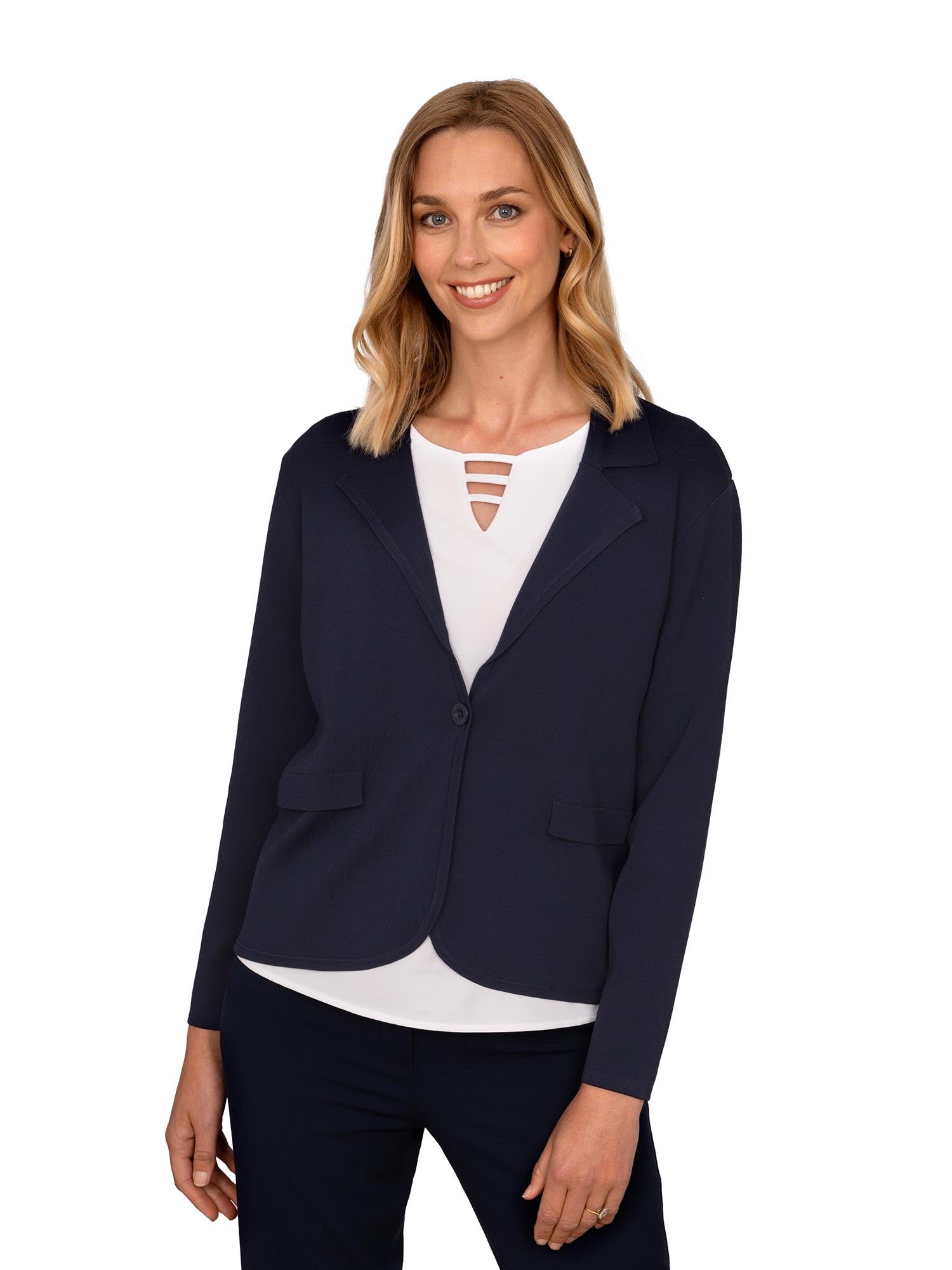 Jackie navy knitted jacket | Vortex Designs – Vortex Designs Uniform