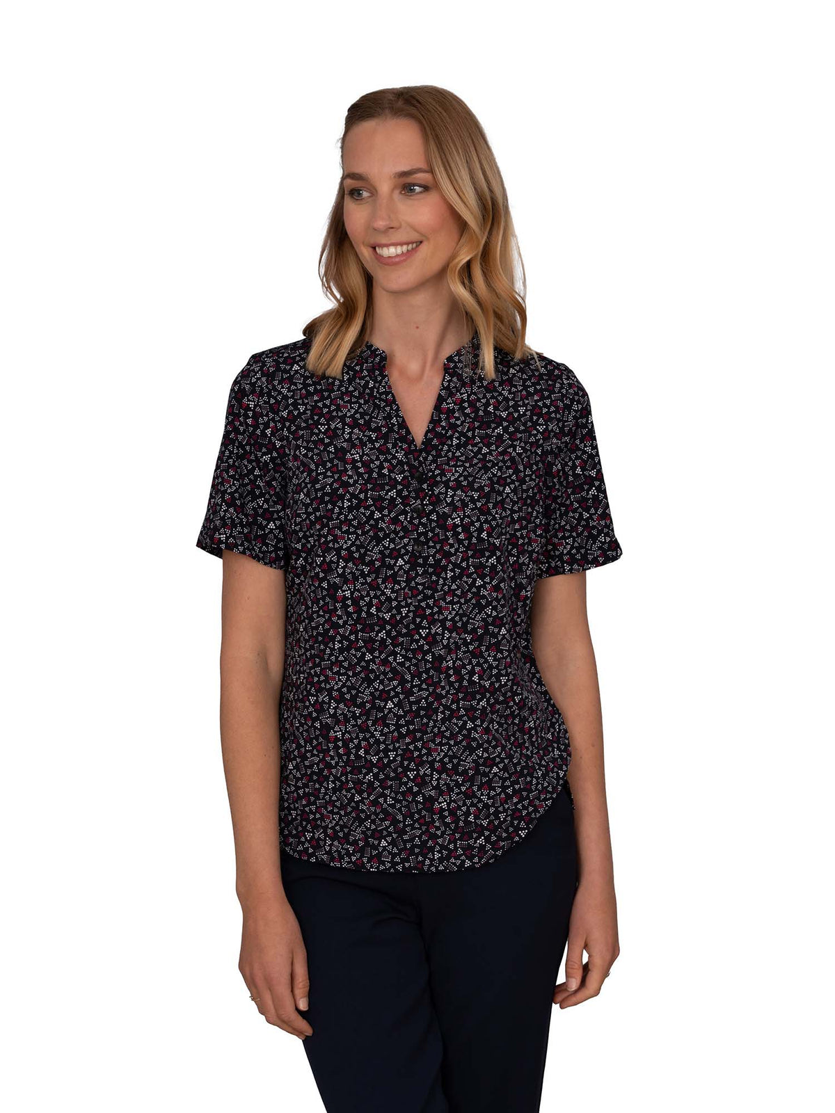 JEWEL RED 3 BUTTON NECK SHORT SLEEVE
