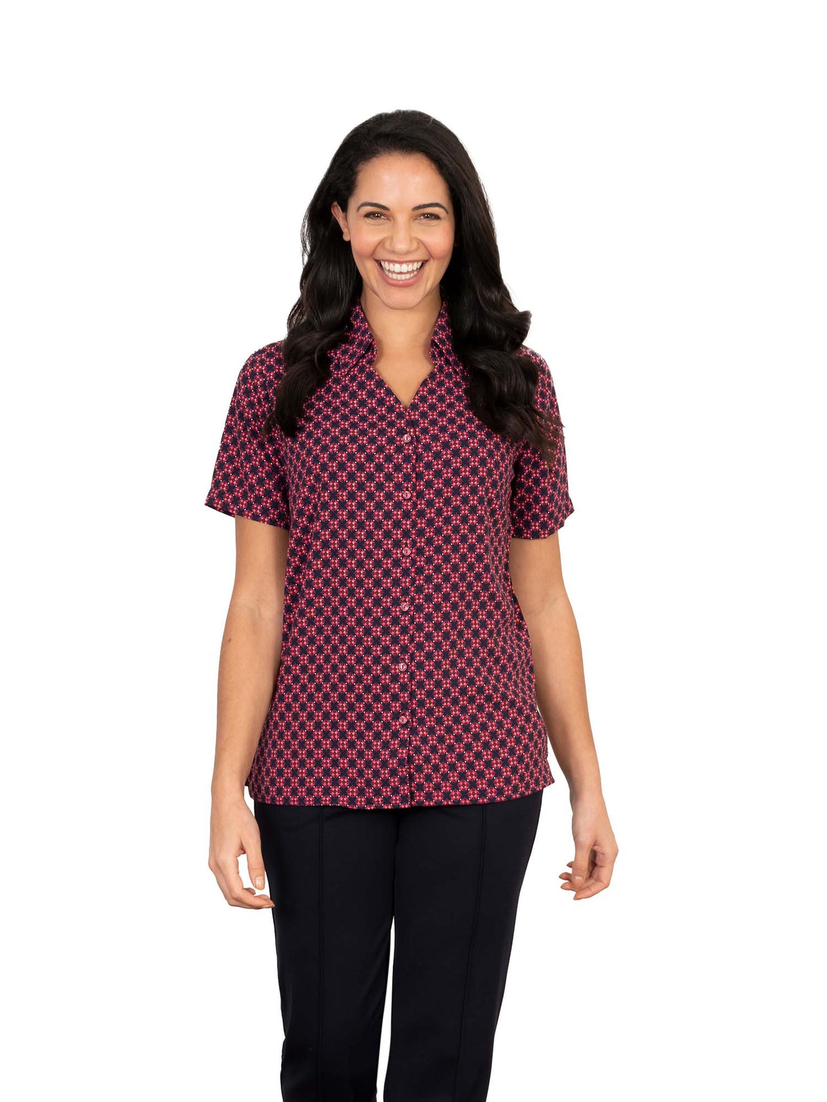 SARAH RED BUTTON DOWN SHORT SLEEVE
